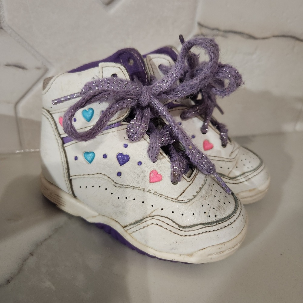 Baby Girls White Purple‎ Heart High Top Sneakers Sparkle Laces Size Toddler